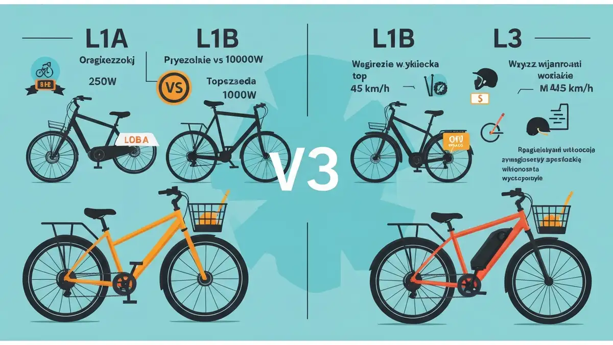 Tablica kategorii e-bike L1A i L1B z symbolami przepisów, moc silnika, prędkość, dokumenty
