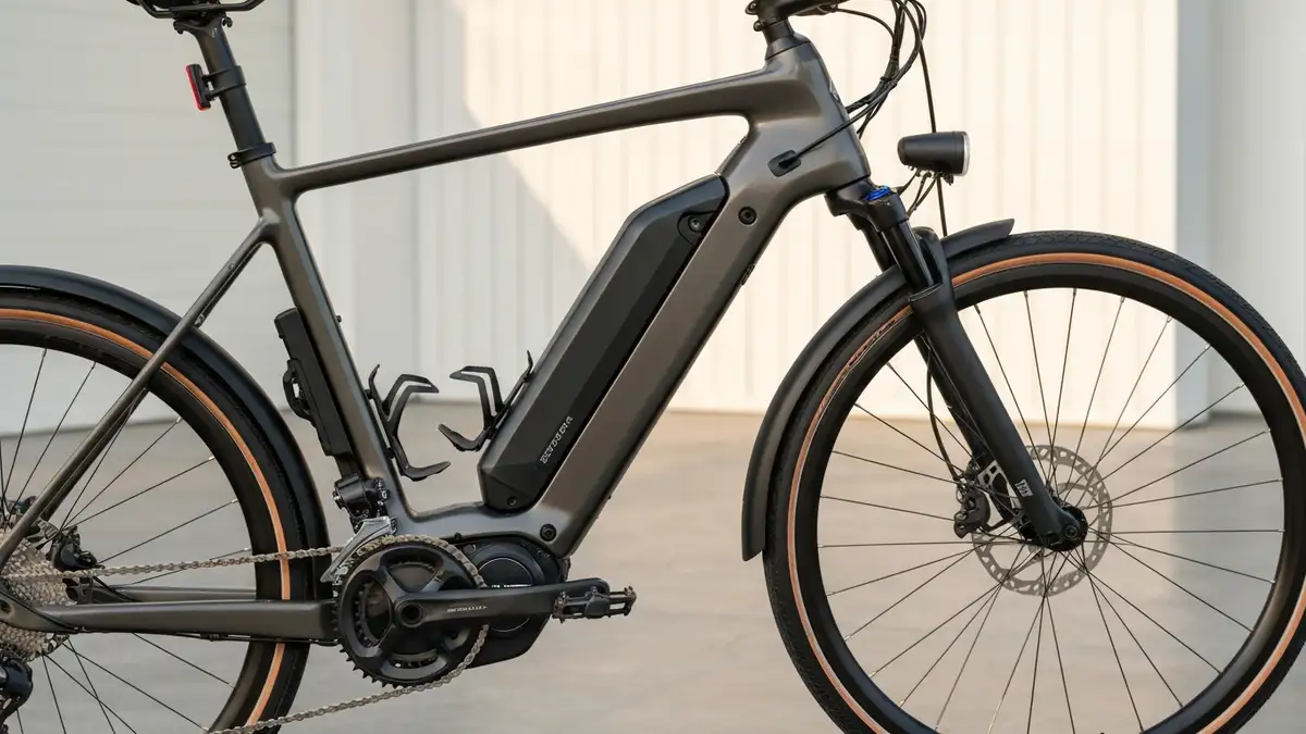 Bateria e-bike wyjęta z roweru, leżąca na izolacyjnym materiale w chłodnym, suchym pomieszczeniu z termometrem pokazującym temperaturę 10°C
