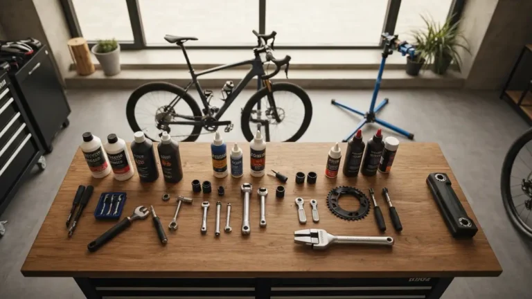 Rowerzysta przy stole serwisowym z narzędziami do przeglądu przedsezonowego roweru górskiego