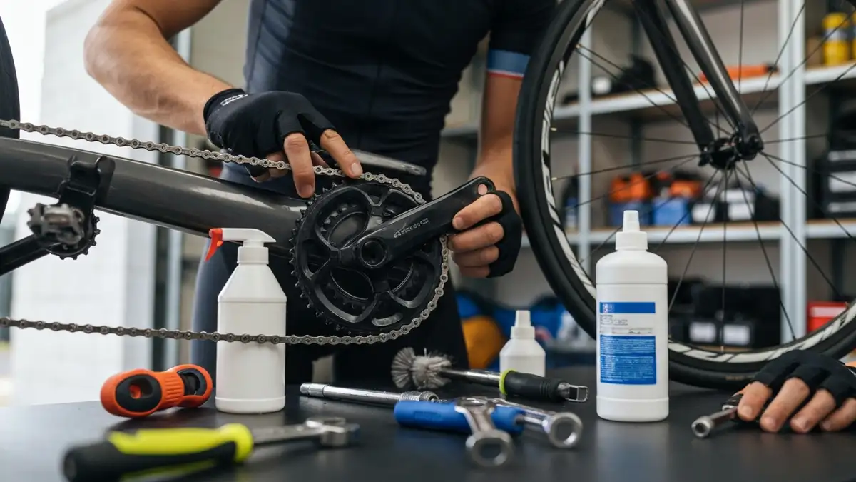 Rowerzysta przygotowuje rower do zimowania - czyszczenie łańcucha i smarowanie