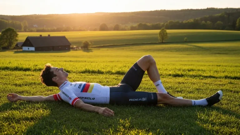 Rowerzysta leżący na trawie po treningu, demonstrujący rozciąganie i regenerację w naturalnym otoczeniu