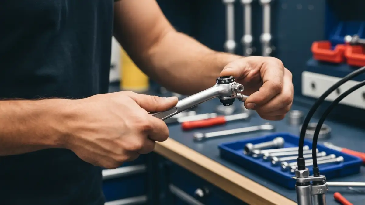 Gościnny mechanik rowerowy regulujący luz steru - widać klucz, top cap i górę kierownicy