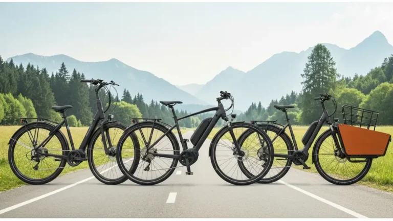 Pięć typów e-bike obok siebie: city, MTB, road, gravel, cargo. Różnokolorowe rowery elektryczne w słoneczny dzień na tle krajobrazu polskiego.