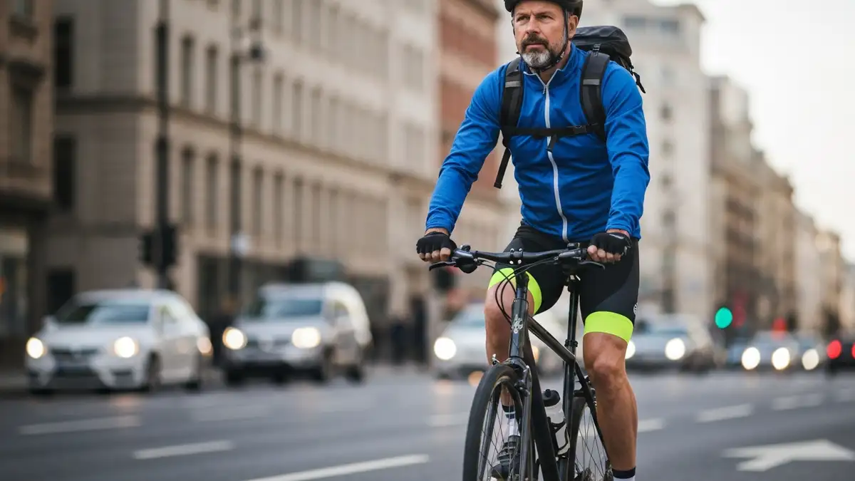 Mężczyzna na rowerze commute jeżdżący do pracy w mieście, nosząc plecak i odblaski bezpieczeństwa