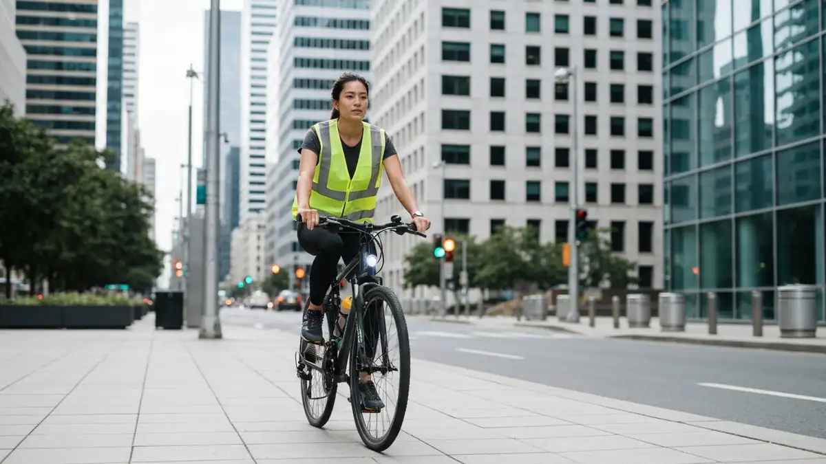 Cyklista w odblaskowej kamizelce na rowerze hybrydowym do pracy z oświetleniem przednim i tylnym w miejskim krajobrazie