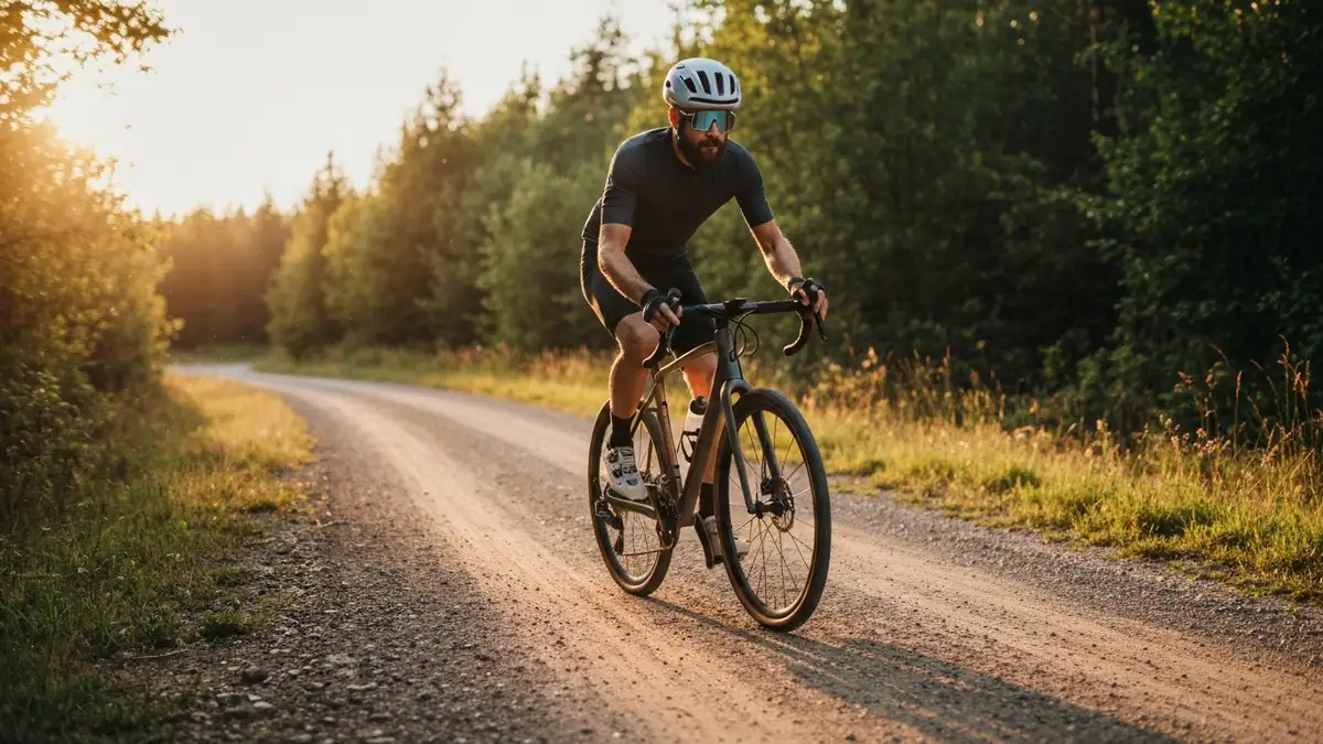 Rower gravel w terenie na szutrowej drodze wśród lasów, cyklista w kasku i okularach