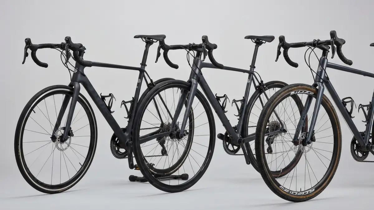 Trzy typy rowerów szosowych obok siebie - aero, endurance i gravel, z podpisanymi kluczowymi różnicami geometrii