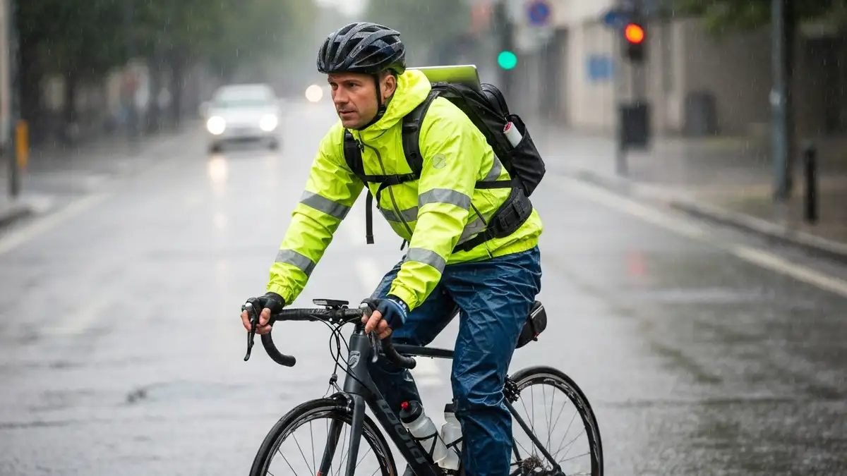Rowerzysta w pełnym wyposażeniu deszczowym - kurtka, getry, kalosze, plecak z ochroną elektroniki