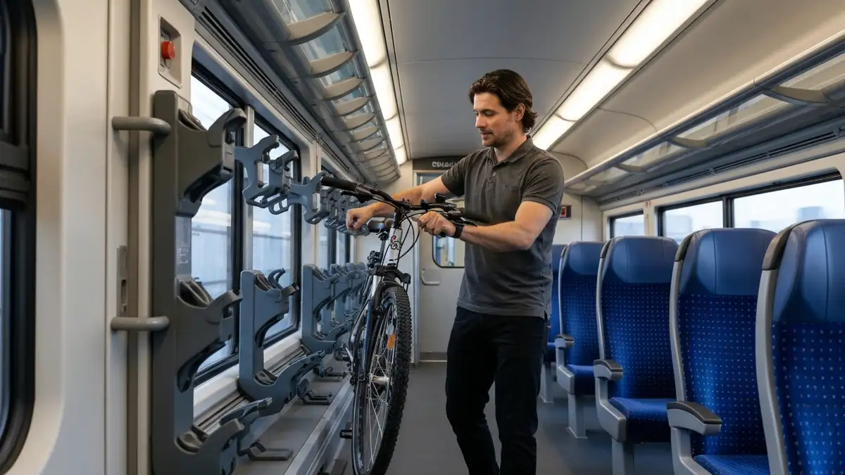 Rowerzysta wkłada rower do specjalnego przedziału w pociągu PKP, wymiana transportu multimodalnego
