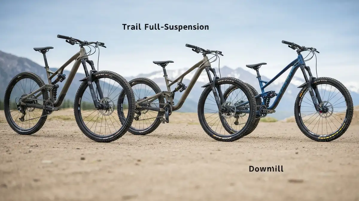Trzy typy rowerów MTB obok siebie: hardtail, trail full suspension i downhill, na tle terenów górskich