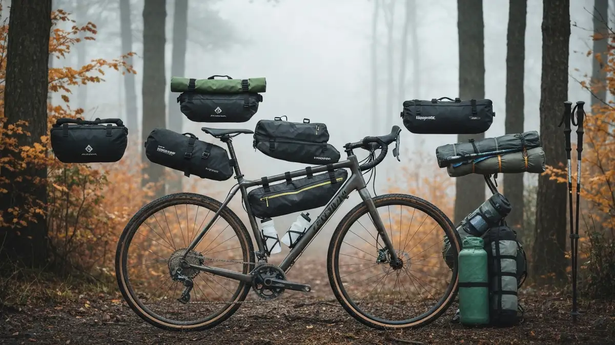 Kompletny system sakw bikepacking Apidura na rowerze gravel przygotowanym do wielodniowej wyprawy po Bieszczadach
