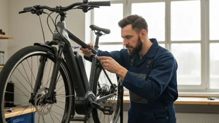 Fachowiec serwisuje rower elektryczny na warsztacie - przegląd baterii i silnika e-bike