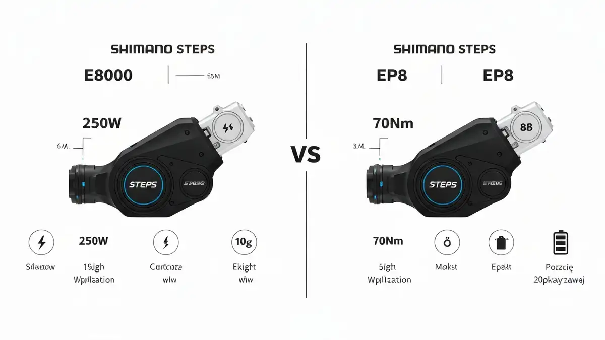 Porównanie silników Shimano Steps E8000 i EP8 - wizualna grafika z parametrami technicznymi
