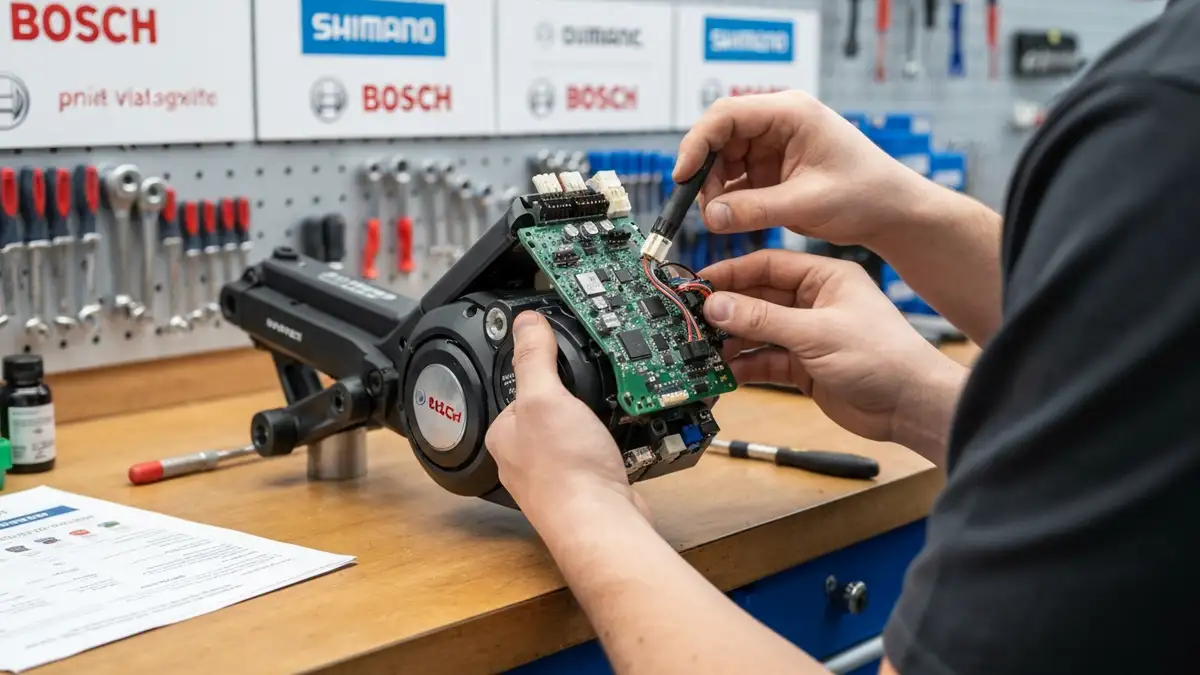 Technik diagnostykuje silnik e-bike, sprawdzając złącza i kontroler obok tabeli narzędzi