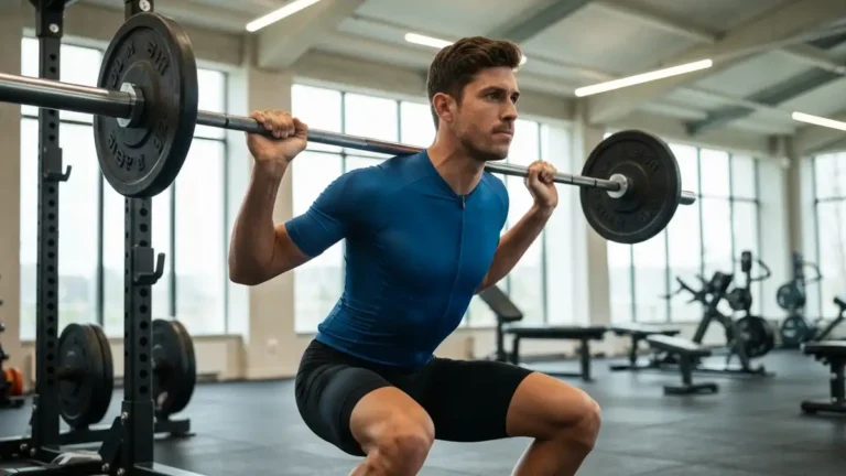Rowerzysta intensywnie trenujący na siłowni w pozie squat z hantlami podczas off-season
