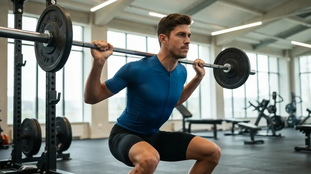 Rowerzysta intensywnie trenujący na siłowni w pozie squat z hantlami podczas off-season
