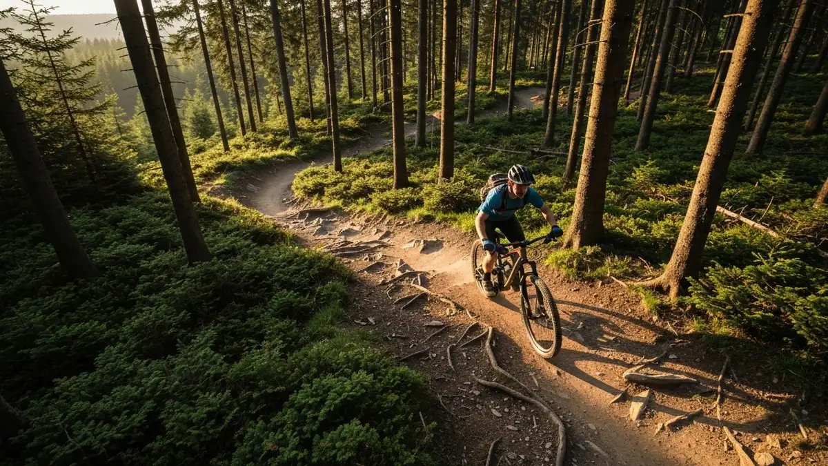 Widok singletracka na Beskidzie Sądeckim z rowerzystą MTB zjeżdżającym po ścieżce przez las