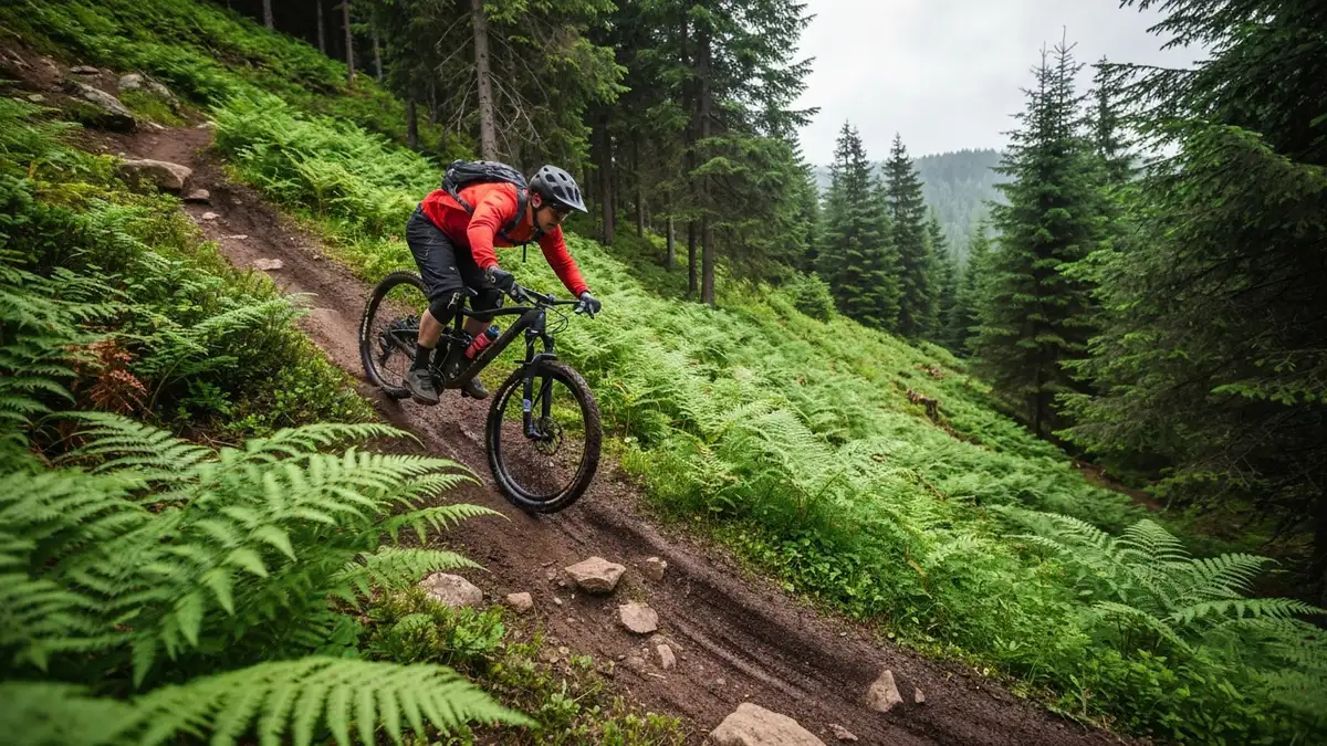Cyklistka na wąskim singltraku w lesie w Bieszczadach, otoczona drzewami i paprociami, jazda downhill