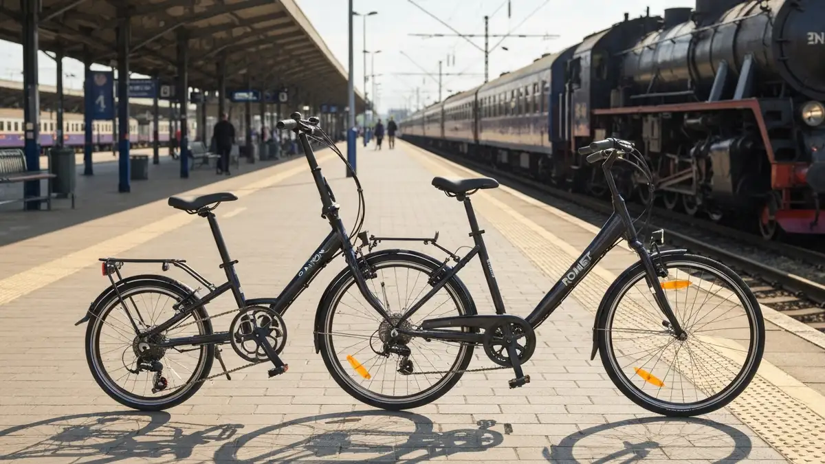 Składak Dahon obok roweru miejskiego Romet na tle stacji kolejowej