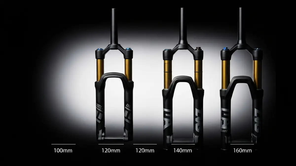 Porównanie widelców z skokami 100mm, 120mm, 140mm i 160mm obok siebie na tle tras górskich