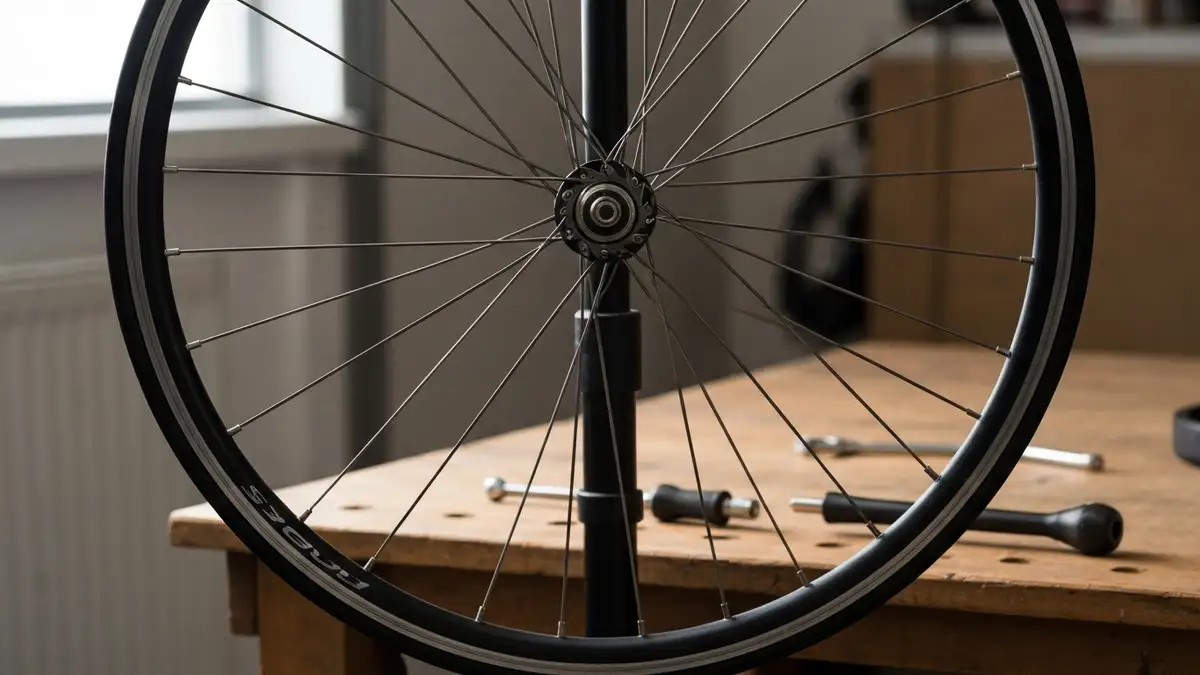 Koło rowerowe splatane technika 3-cross w stanowisku naprawy z narzędziami serwisowymi