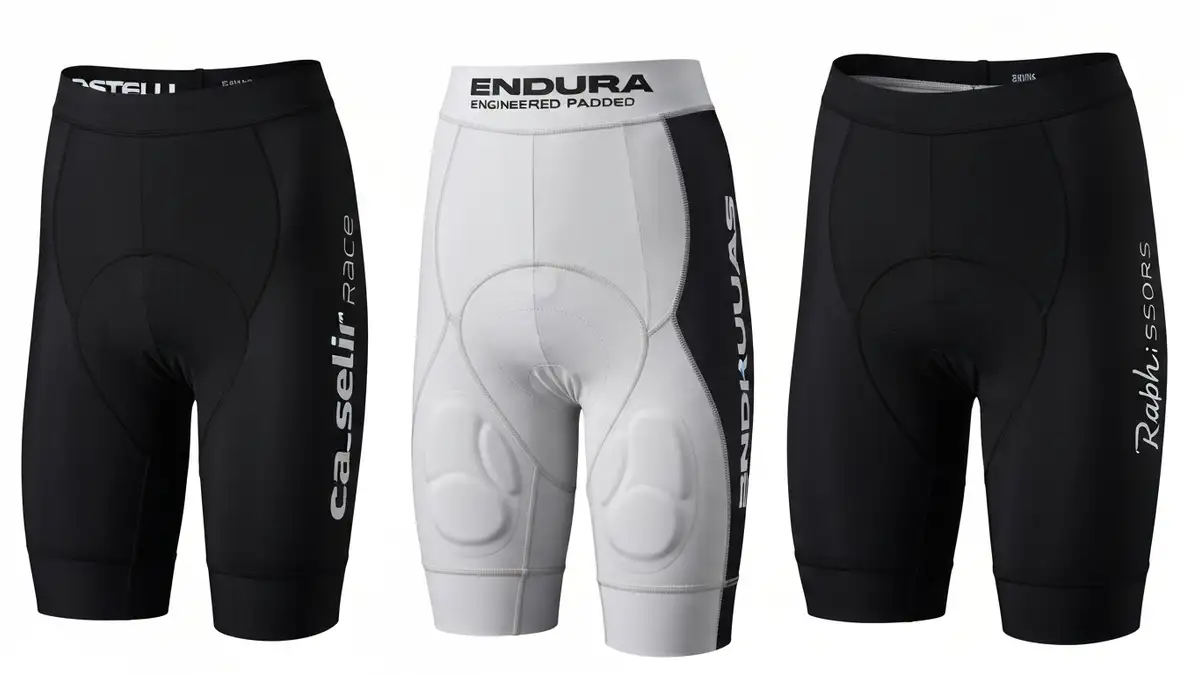 Trzy pary spodenków rowerowych Castelli, Endura i Rapha z zaznaczonymi wkładkami - porównanie 2026