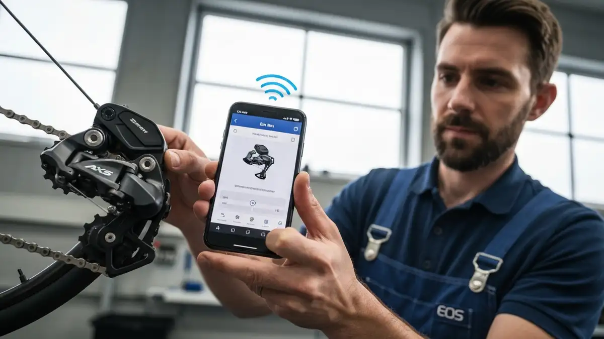 Przerzutka elektroniczna SRAM AXS z aplikacją Blip Box na smartfonie - synchronizacja przerzutek