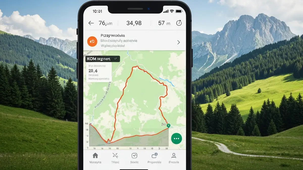Ekran aplikacji Strava z mapą trasy rowerowej i statystykami przejazdów