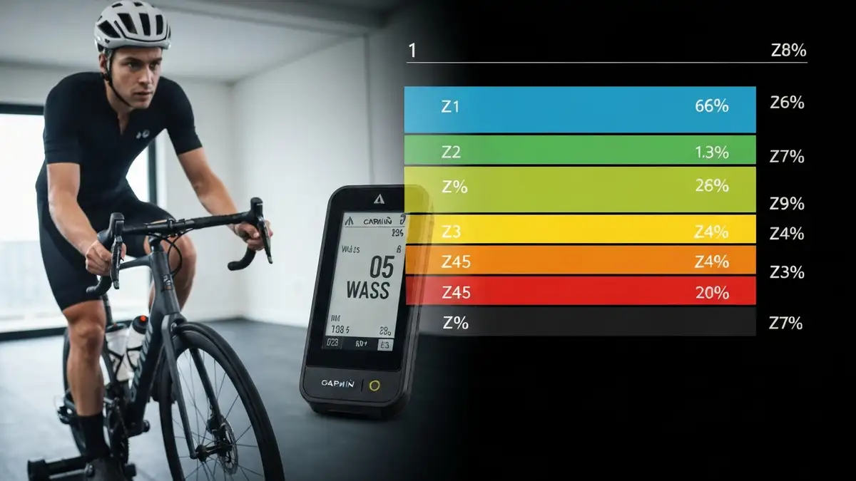 Rowerzysta na ergometrze mierzący moc w watach na głównym wyświetlaczu licznika Garmin, siedem kolorowych stref Z1-Z7 pokazane jako grafika obok