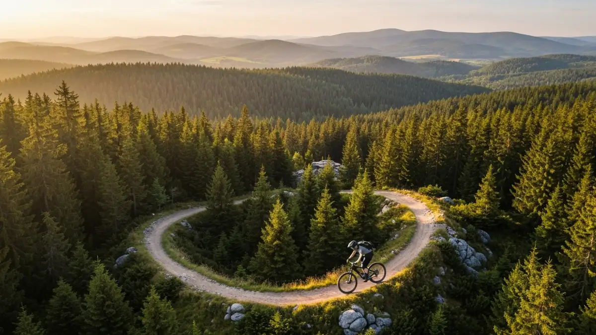 Widok panoramiczny na szczyty Sudetów z rowerzystą na szlaku MTB wśród sosen i skal granitu, słoneczny poranek lata