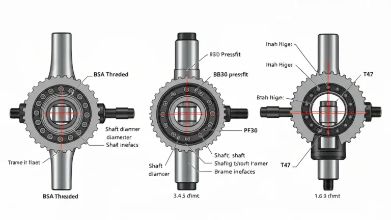 Cztery typy supportów BB - BSA, BB30, PressFit, T47 w rzędzie z wymiarami
