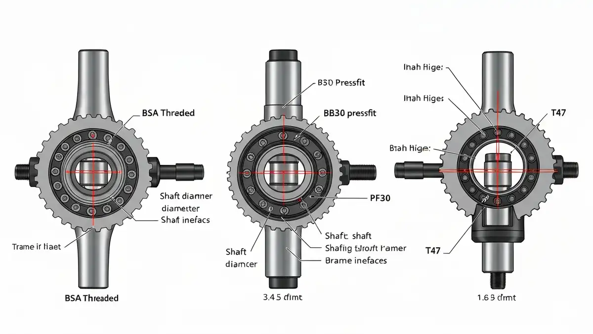 Cztery typy supportów BB - BSA, BB30, PressFit, T47 w rzędzie z wymiarami
