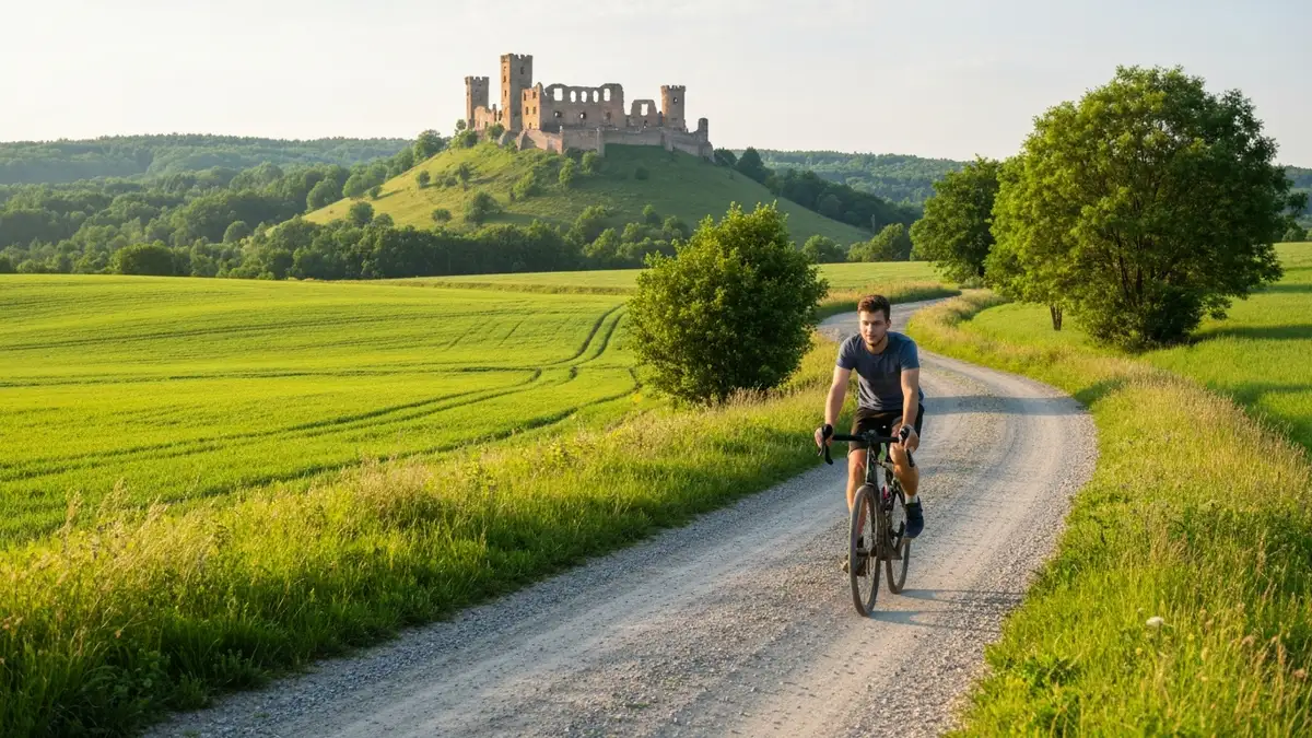 Zamek Podzamcze w tle, rowerzysta na szosie rowerowej w Świętokrzyskim, krajobraz wzgórz i lasów, letni dzień