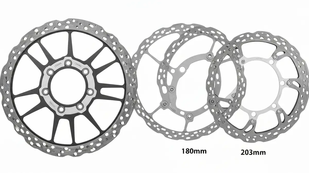 Porównanie trzech rozmiarów tarcz hamulcowych 160mm, 180mm, 203mm obok siebie na białym tle