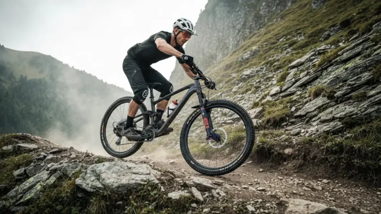 Kolarz MTB zjeżdżający stromy zbocz w górach, zaawansowana pozycja ciała i rozkład wagi