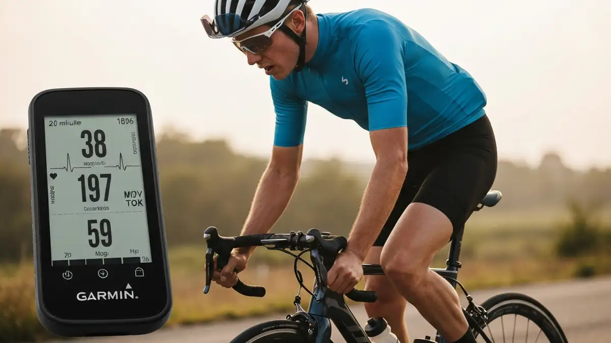 Kolarz na rowerze podczas testu FTP 20-minutowego na ergometrze lub na otwartej trasie, z wyświetlaczem mocy i tętna
