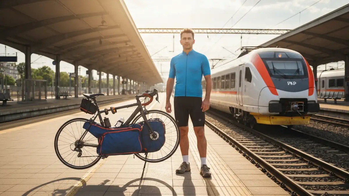 Rower zapakowany w torbę transportową stojący na peronie pociągu PKP