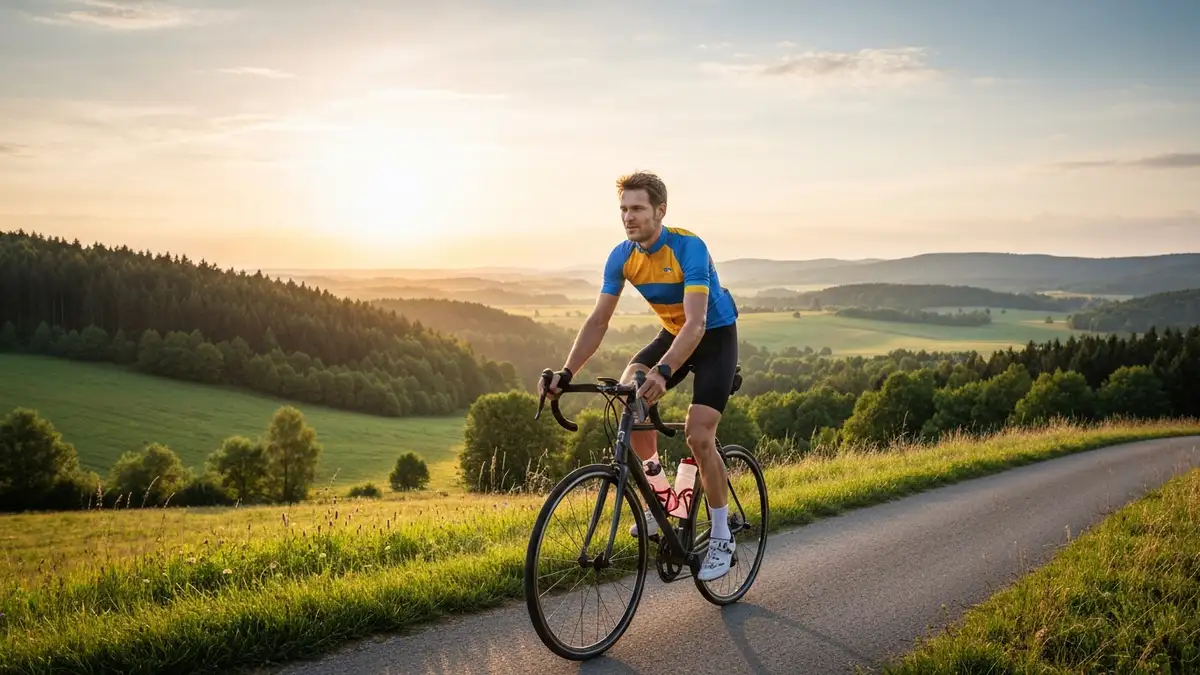 Kolarz na szosie rowerowej na tle wschodu słońca, widok panoramiczny drogi łączącej Warszawę z Gdańskiem