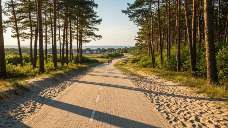 Droga rowerowa wzdłuż Bałtyku z widokiem na morze, piaszczystą plażę i las w tle, od Świnoujścia w kierunku Krynicy Morskiej