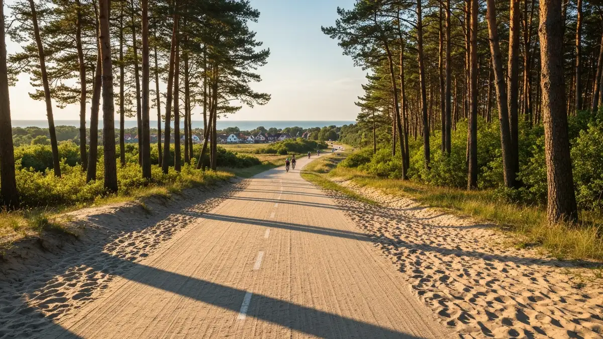 Droga rowerowa wzdłuż Bałtyku z widokiem na morze, piaszczystą plażę i las w tle, od Świnoujścia w kierunku Krynicy Morskiej