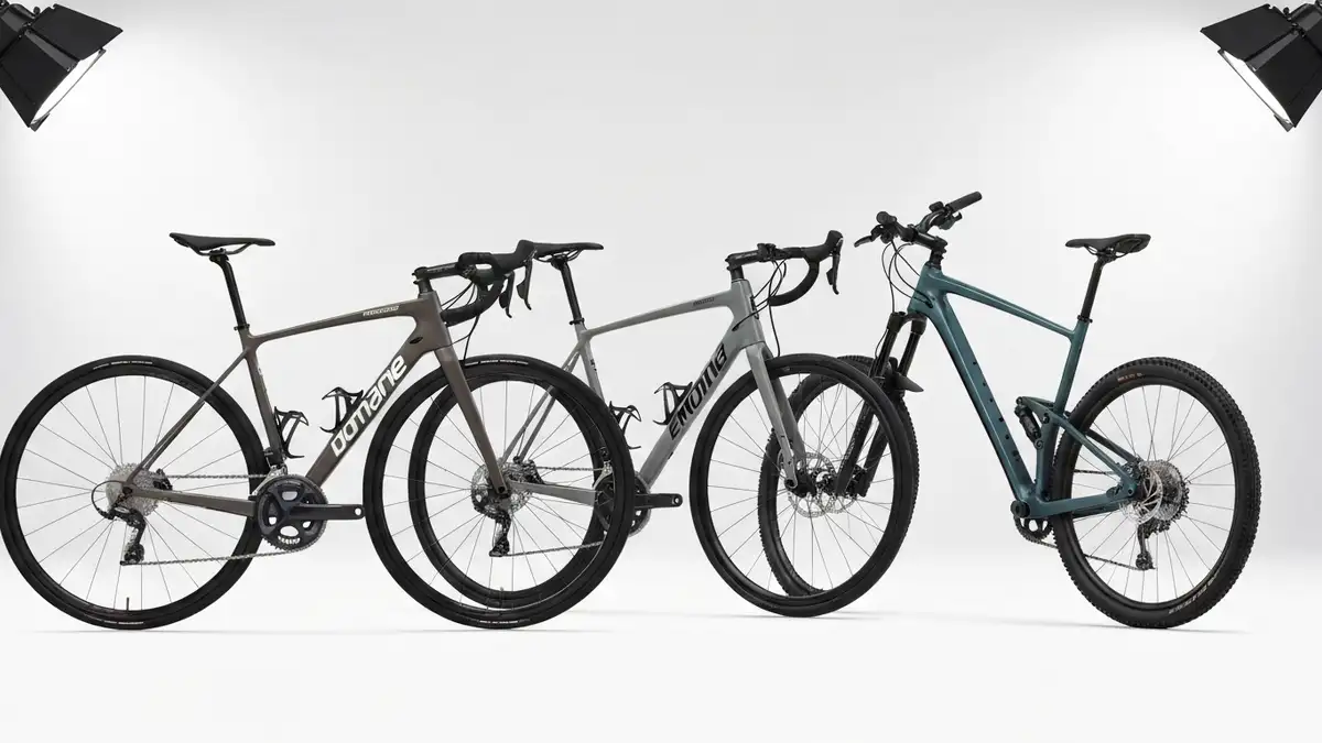 Pięć modeli Trek ustawione obok siebie - Domane szosowy, Madone aero, Emonda ultralekki, Marlin górski, Fuel EX full suspension