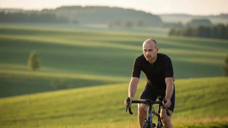Cyklista na rowerze szosowym jadący spokojnym tempem w strefie Z2, na tle pagórkowatego terenu, z widocznymi czujnikami tętna i licznika mocy na kierownicy