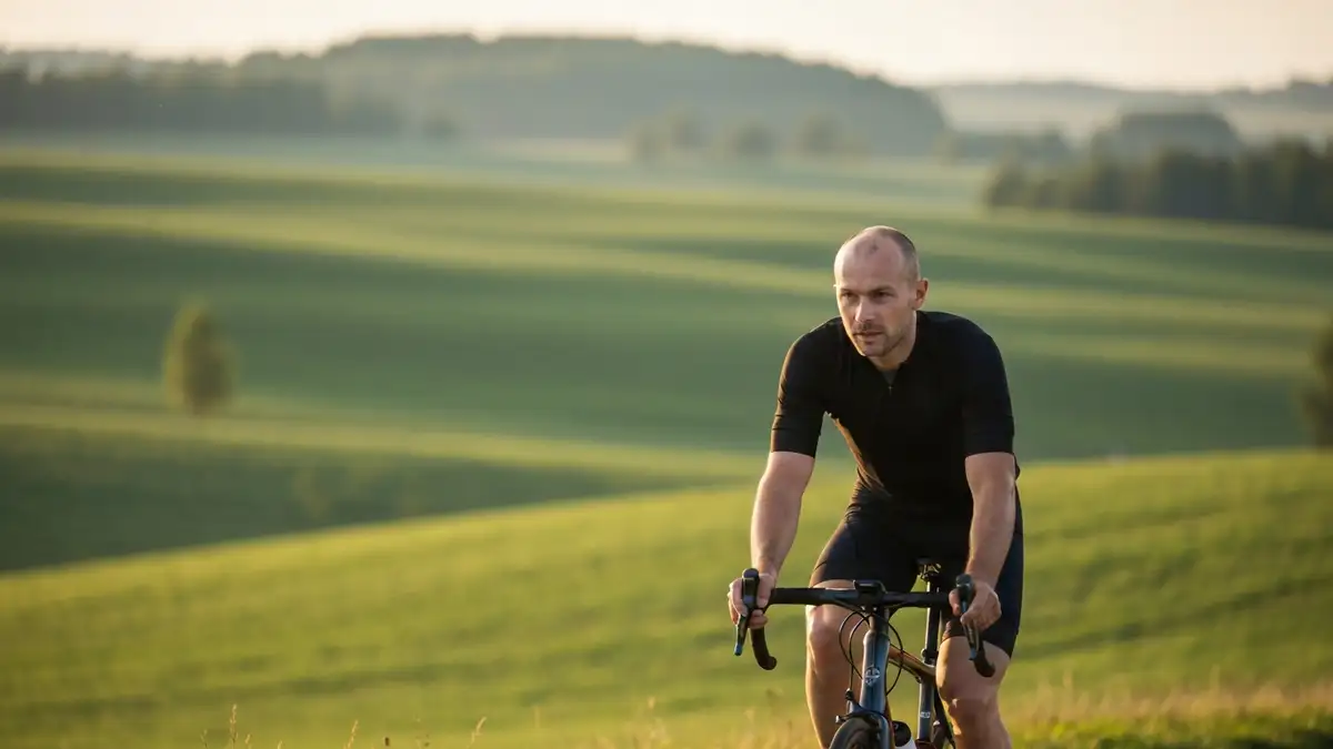 Cyklista na rowerze szosowym jadący spokojnym tempem w strefie Z2, na tle pagórkowatego terenu, z widocznymi czujnikami tętna i licznika mocy na kierownicy