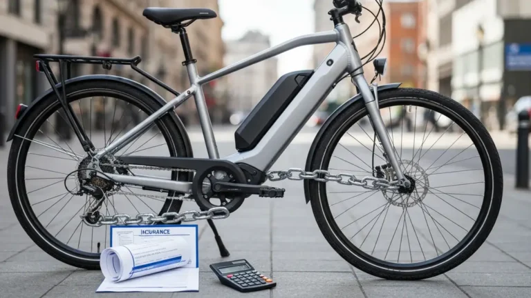 Rower elektryczny z kłódką i ikoną ubezpieczenia - symbolizujące ochronę e-bike od kradzieży