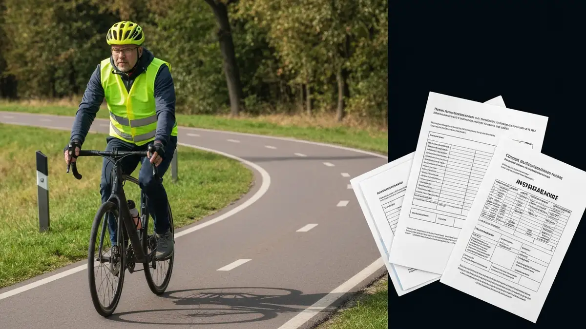 Rowerzysta w kasku i kamizelce odblaskowej jadący po ścieżce rowerowej w Polsce, symbolizujący bezpieczną jazdę i ubezpieczenie OC