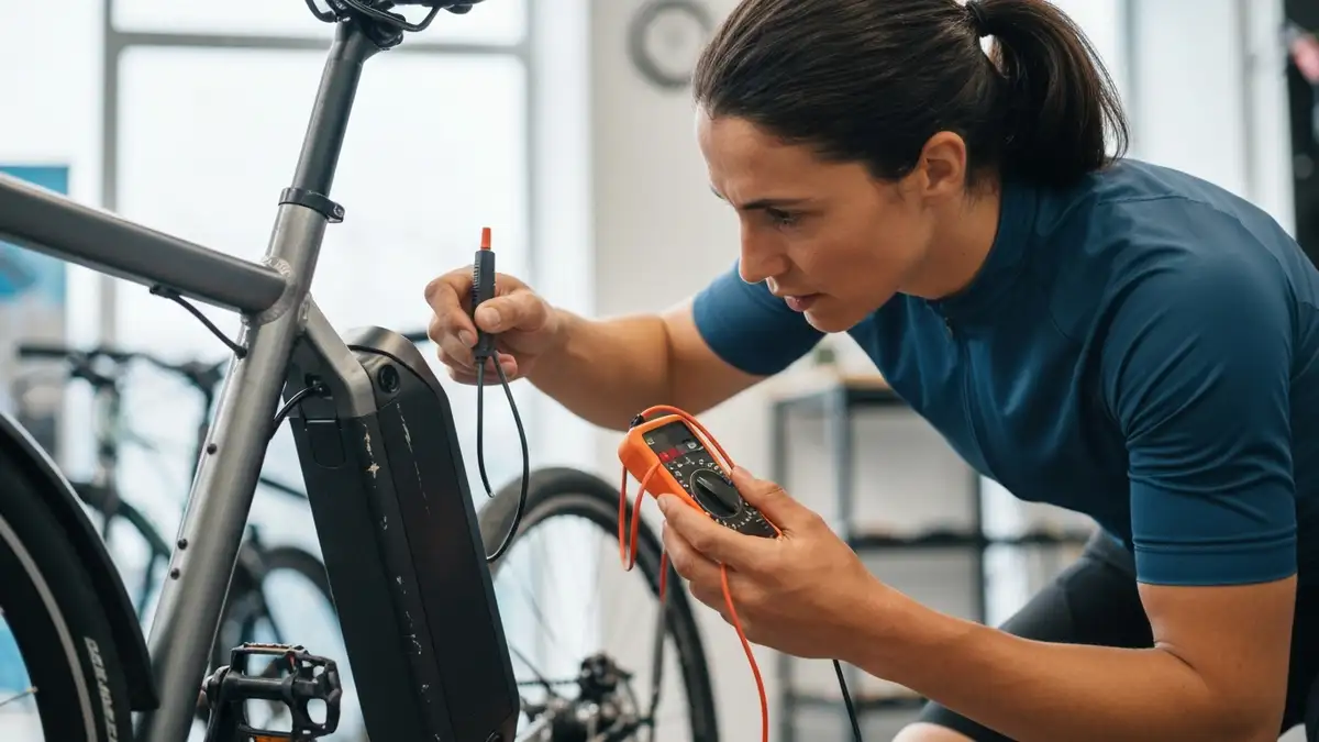 Mężczyzna sprawdzający baterię i ramy używanego e-bike w salonie rowerowym, trzymając narzędzia diagnostyczne