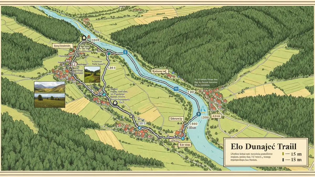 Mapa szlaku Velo Dunajec — widok drogi rowerowej wzdłuż rzeki Dunajec w Podkarpaciu