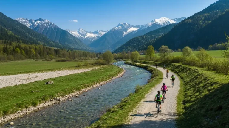 Szlak rowerowy Velo Dunajec wzdłuż przełomu Dunajca z widokiem na Tatry i Pieniny, rowerzysta na trasie gravel