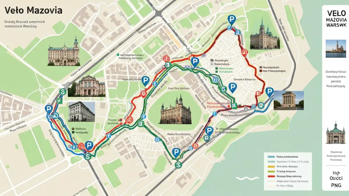 Mapa sieci tras rowerowych Velo Mazovia ze wskazaniem głównych pętli wokół Warszawy