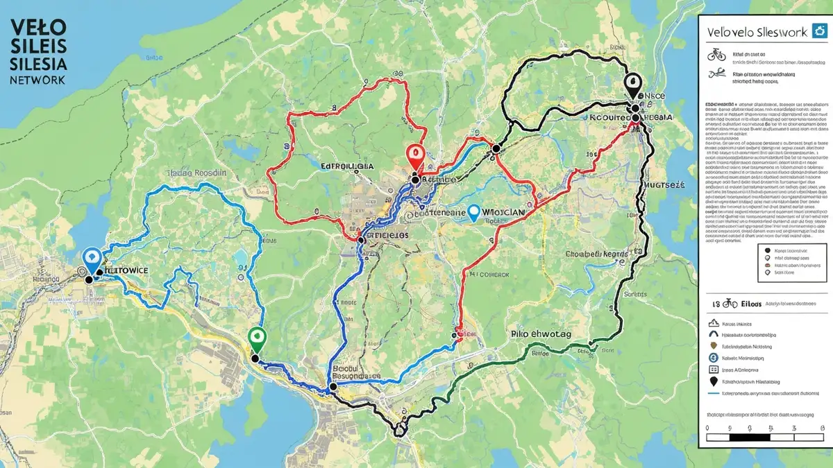 Mapa sieci tras rowerowych Velo Silesia z oznaczeniami pętli i kolorami tras